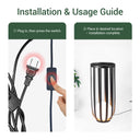 Installation and usage guide for a indoor floor lamp with text and images showing plug-in and switch press, followed by placement of the lamp.