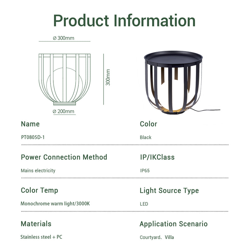 Product information card for a black indoor floor lamp fixture with dimensions and specifications.