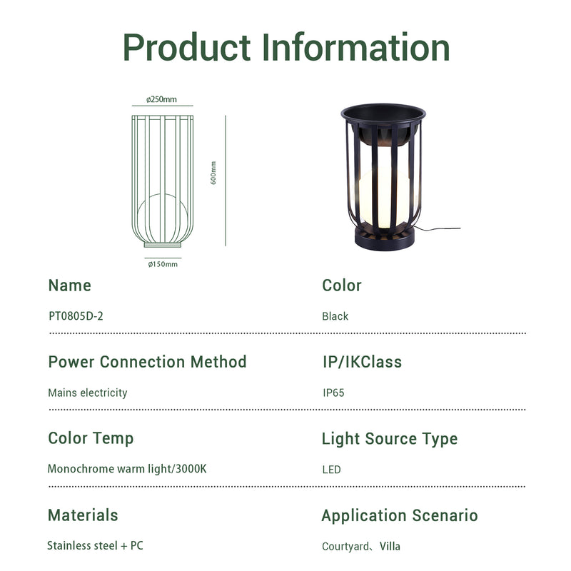 Product information card for a black indoor floor lamp fixture with dimensions and specifications.