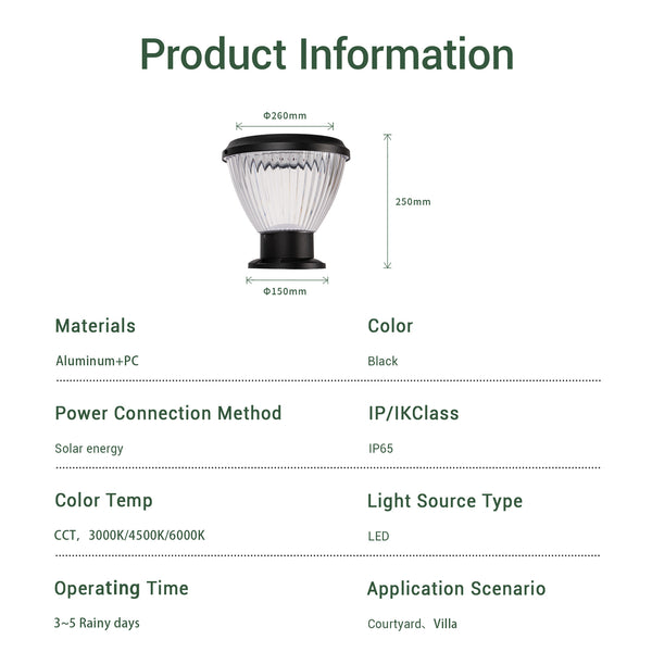 Product information card with a solar pillar light and dimensions on a white background