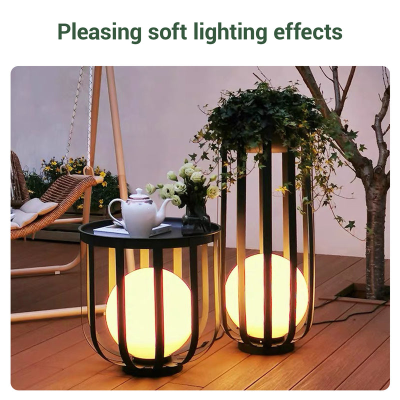 Two indoor floor lamps with soft lighting effects on a wooden deck.