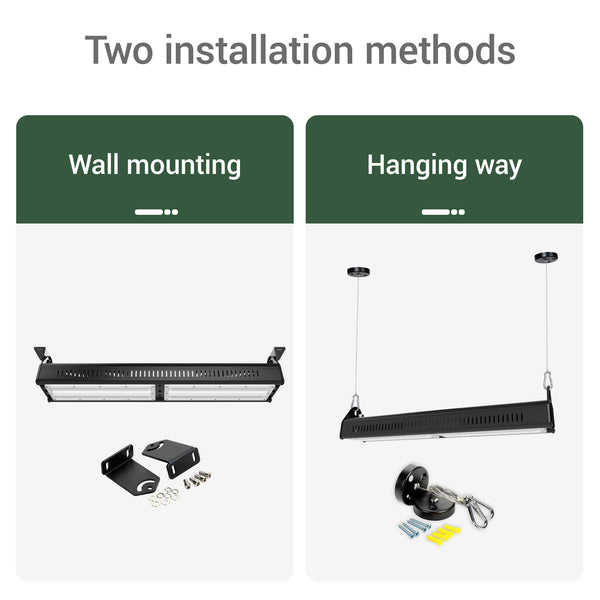 Two installation methods for a LED light high bay fixture: wall mounting and hanging way, with corresponding hardware on a white background.