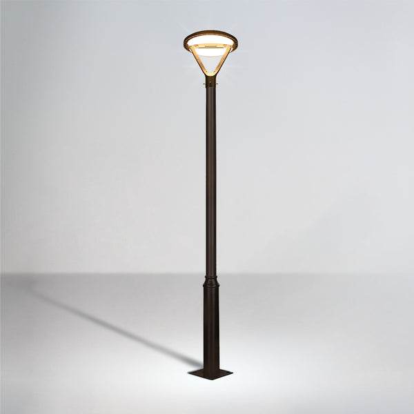 A solar sensor road light with a triangular lampshade mounted on a tall pole, featuring a motion sensor.