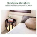 Bedroom scene with a nightstand and indoor floor lamp, text about dual-purpose lighting.