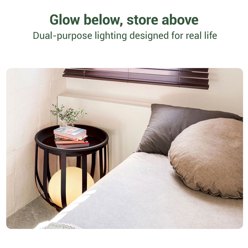 Bedroom scene with a nightstand and indoor floor lamp, text about dual-purpose lighting.