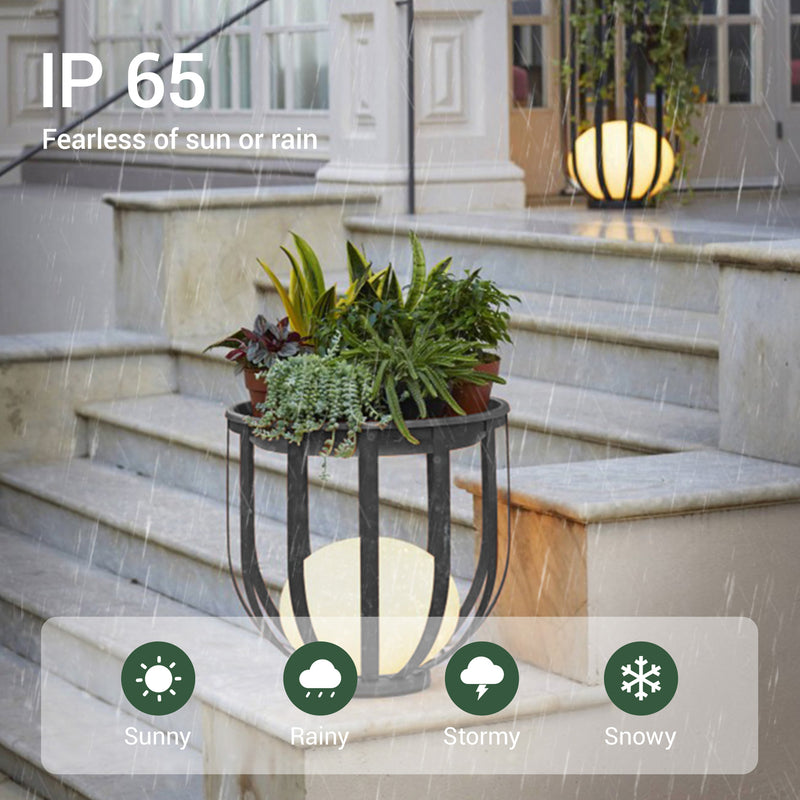 A indoor floor lamp fixture, rain simulation overlay, and text 'IP 65 Fearless of sun or rain'.