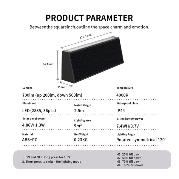 Outdoor solar wall lamp with a durable and weather-resistant structure.