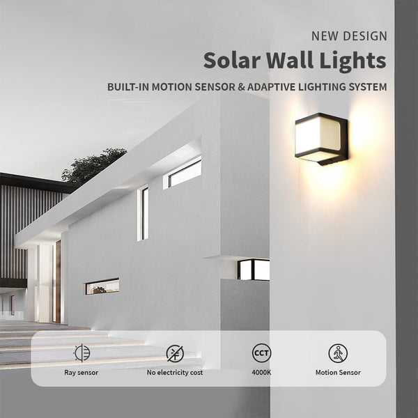 Outdoor solar wall light with waterproof design for garden and patio.
