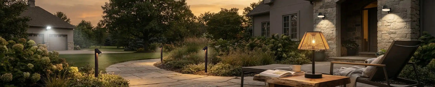 Evening view of a luxury home exterior featuring landscape path lights along a curved walkway, wall sconces on the stone facade, and a warm table lamp on the patio.