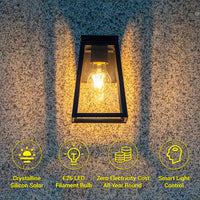 Outway vintage solar wall light features — monocrystalline silicon solar panel, E26 LED filament bulb, zero electricity cost, smart light control, operates all year round