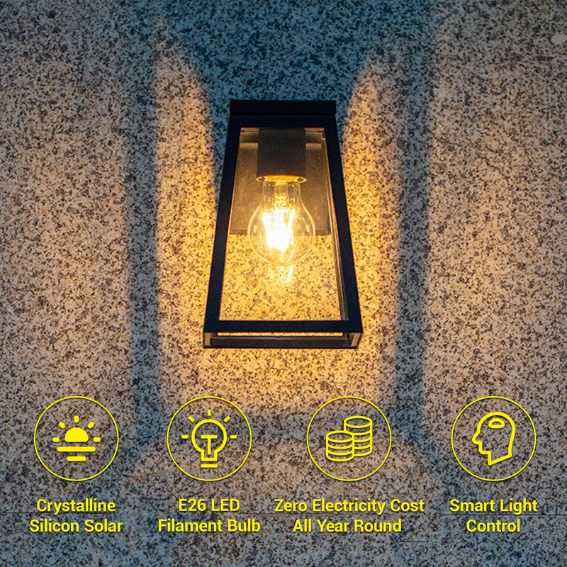 Outway vintage solar wall light features — monocrystalline silicon solar panel, E26 LED filament bulb, zero electricity cost, smart light control, operates all year round
