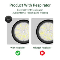 Comparison of product with and without a respirator showing external vent for fogging and frosting prevention.