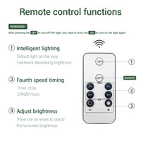 Remote control with labeled functions for intelligent lighting, timing, and brightness adjustment on a white background.