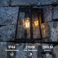 Weatherproof performance specifications — IP44 protection rating, 2700K warm white colour temperature, 200 lumens soft glow output