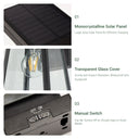 Outway solar wall light with monocrystalline solar panel for efficient charging, transparent glass cover sturdy and impact-resistant, manual switch to conserve battery on cloudy days
