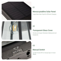 Product features explained — monocrystalline solar panel for efficient charging, transparent glass cover sturdy and impact-resistant, manual switch to conserve battery on cloudy days