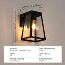 Product dimensions and specifications — 164mm height, 140mm width, 207mm depth — aluminum + tempered glass material, 2700K colour temperature, 2W power, E26 light source, 1500mAh battery capacity, 200 lumens output