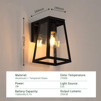 Product dimensions and specifications — 164mm height, 140mm width, 207mm depth — aluminum + tempered glass material, 2700K colour temperature, 2W power, E26 light source, 1500mAh battery capacity, 200 lumens output