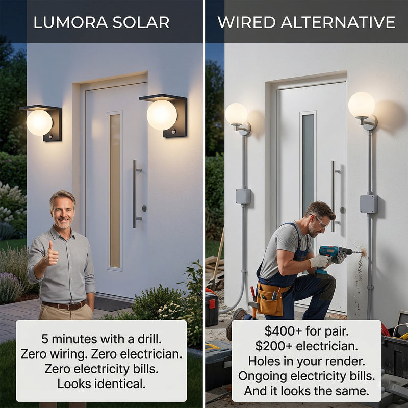 Comparison graphic: Lumora Solar two-pack at $179.99 with no wiring or electrician needed versus wired alternative costing $400+ plus $200+ electrician with holes drilled in render, happy homeowner on left versus tradesperson drilling on right