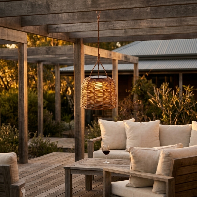 Handwoven rattan solar hanging pendant light suspended in a lush garden courtyard with potted plants and stone paving, showcasing natural woven texture and outdoor decor aesthetic.