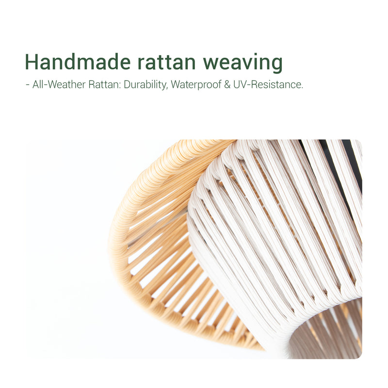 A woven basket in white and brown with "handmade rattan weaving" text, intended for a solar handwoven ceiling light.