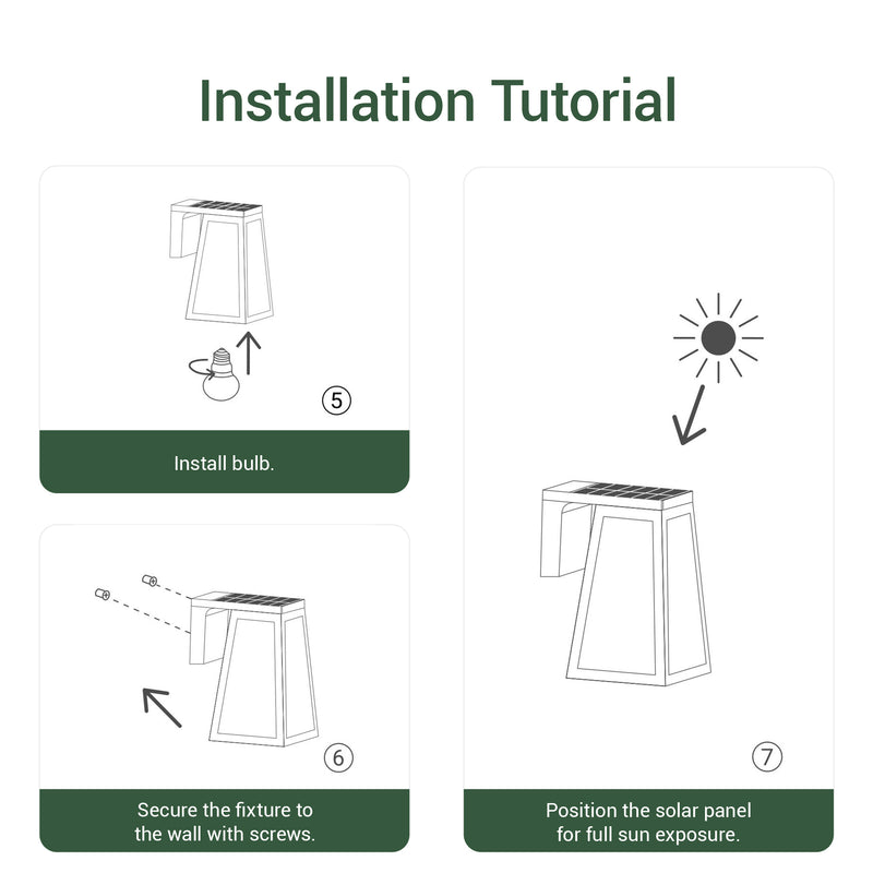 Installation tutorial — install bulb, secure fixture to wall with screws, position solar panel for full sun exposure, sunlight shining on solar panel