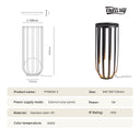 Product information graphic for a modern outdoor floor lamp. The left side shows a technical line drawing with dimensions (diameter 300mm, height 945mm, base 235mm), and the right side shows the actual lamp in a black metal slatted cylinder design emitting a warm light.