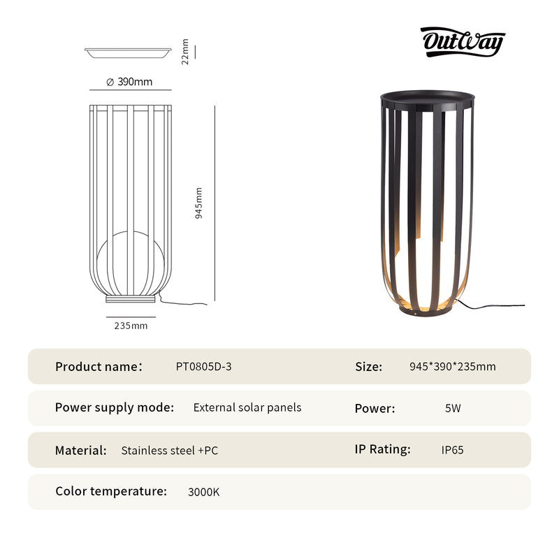 Product information graphic for a modern outdoor floor lamp. The left side shows a technical line drawing with dimensions (diameter 300mm, height 945mm, base 235mm), and the right side shows the actual lamp in a black metal slatted cylinder design emitting a warm light.