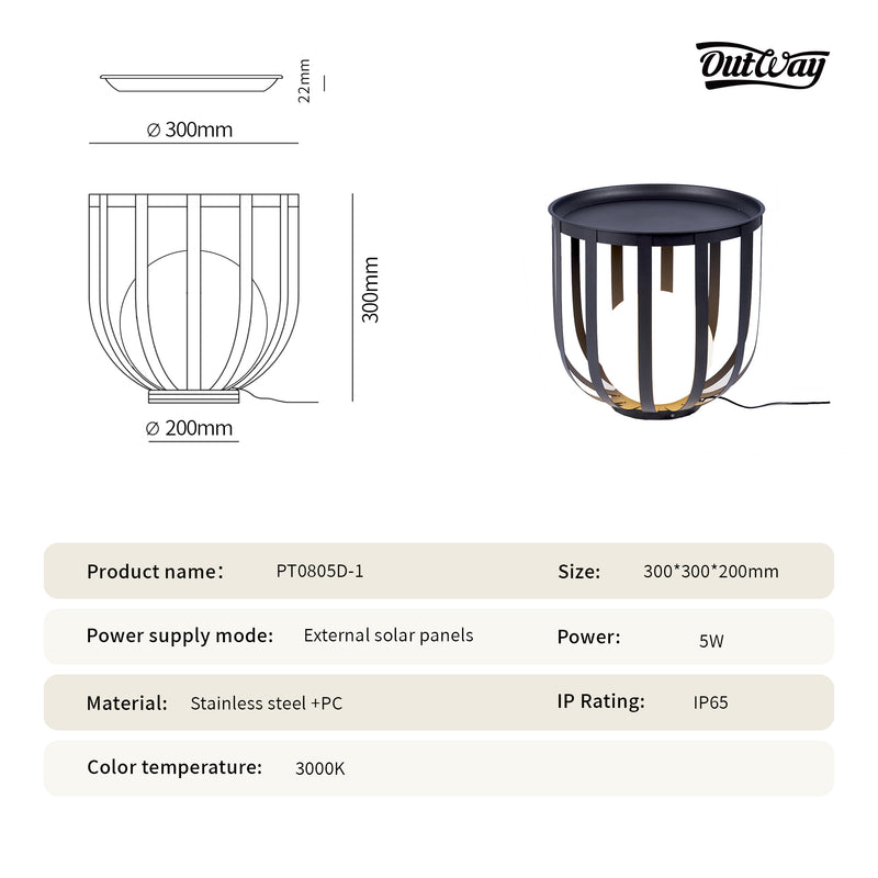 Product specification and dimension diagram for an outdoor table lamp. The image shows line drawings with dimensions (300mm diameter, 300mm height, 200mm base diameter) alongside a rendered photo of the lamp on the right.