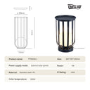 Product specification and dimension diagram for an outdoor bollard lantern. The image shows a black metal outdoor lamp on the right with a warm glowing light inside, and a line drawing of the lamp on the left showing dimensions of 250mm in diameter, 600mm in height, and 150mm at the top.