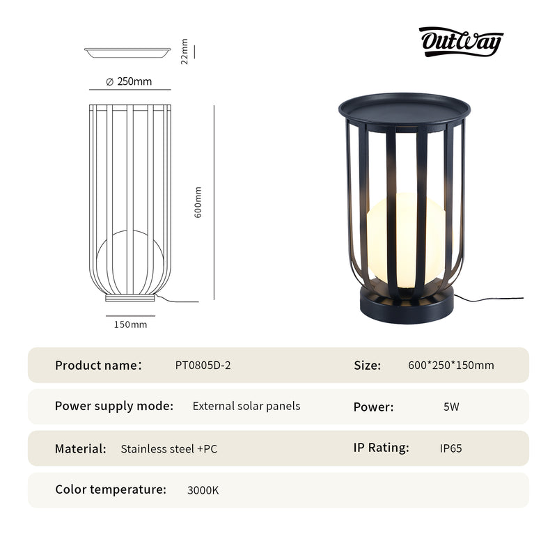 Product specification and dimension diagram for an outdoor bollard lantern. The image shows a black metal outdoor lamp on the right with a warm glowing light inside, and a line drawing of the lamp on the left showing dimensions of 250mm in diameter, 600mm in height, and 150mm at the top.