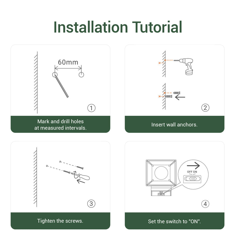 Installation tutorial continued — mark and drill holes at 60mm intervals, insert wall anchors, tighten screws, set switch to ON position