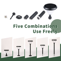 Solar pillar light components and assembled lamps with text 'Five Combinations Use Freely' on a white background.