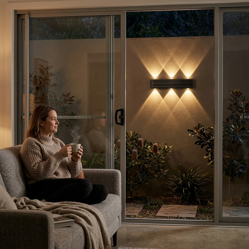 Woman sitting on a couch holding a mug, with warm lighting and plants in the background.