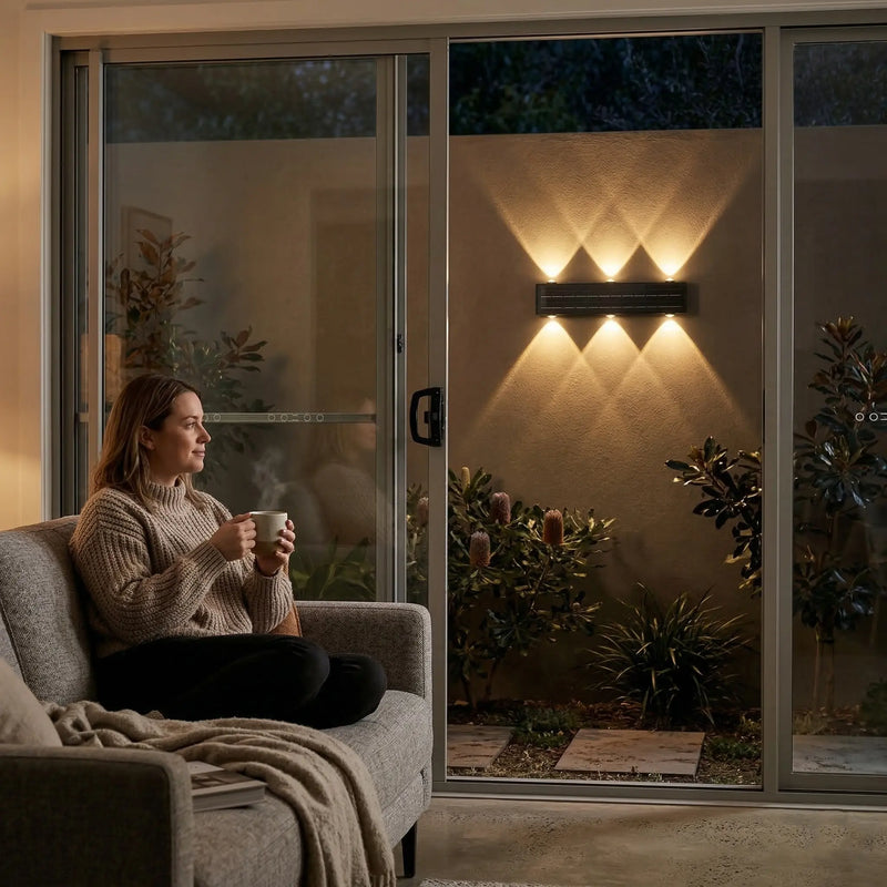 
Woman relaxing indoors looking through glass sliding door at solar wall wash light casting warm amber diamond pattern on rendered garden wall at night