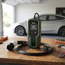 Car charging station with cable on a wooden table in a garage setting