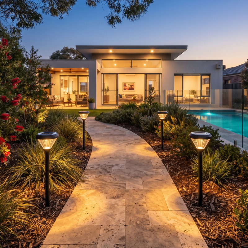Modern outdoor landscape lighting system with multiple solar-powered bollard path lights illuminating a stone walkway leading to a contemporary house with a swimming pool at dusk.