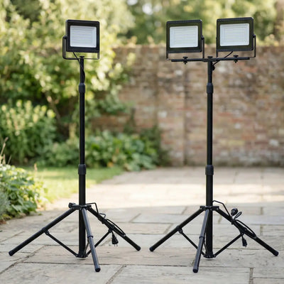 Portable LED work light set, single-head 100W and dual-head 2x50W tripod flood lights, outdoor work lighting with adjustable stand, white background product display