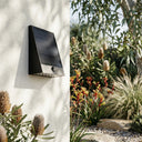 Solar-powered outdoor wall light fixture on a textured wall with garden plants in the background.