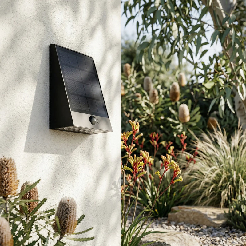 Solar-powered outdoor wall light fixture on a textured wall with garden plants in the background.