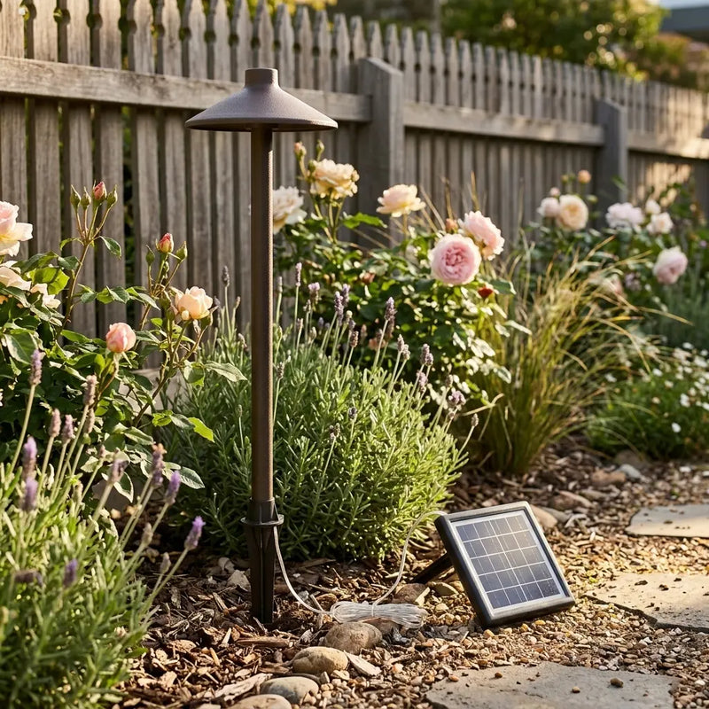 PT0609 Solar Mushroom Pathway Light coffee brown aluminium ground stake solar panel rose garden timber fence daytime