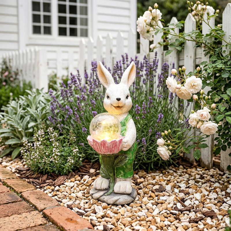 A resin garden rabbit statue wearing green overalls, holding a glowing crackle glass globe in a pink flower-shaped bowl, placed among dark gravel and purple flowers near wooden steps at dusk..