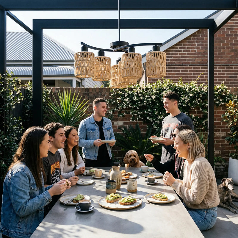 Group of people enjoying a meal outdoors under a modern pergola.