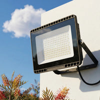 E027EI Voro tri-colour LED floodlight wall-mounted on a white render exterior, full LED panel visible, Australian native grevillea in foreground against a blue sky