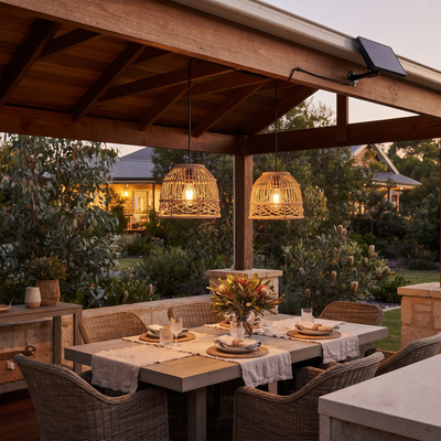 Two woven pendant lights hang over a dining table on a covered outdoor patio at dusk, with a solar panel mounted on the roof. The scene includes wicker chairs, a table setting, plants, and neighboring houses in the background.