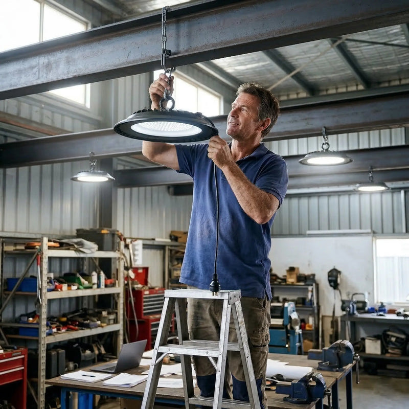 Man installing UFO LED high bay light by hooking onto steel beam chain in workshop garage using stepladder