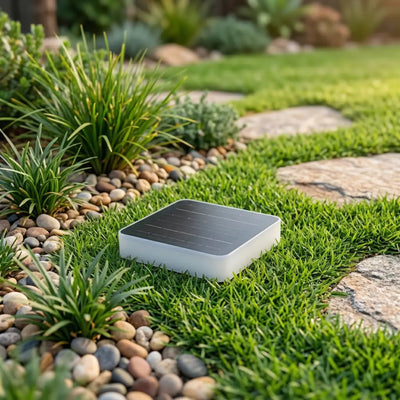 Solar-powered light on grass with garden elements in the background