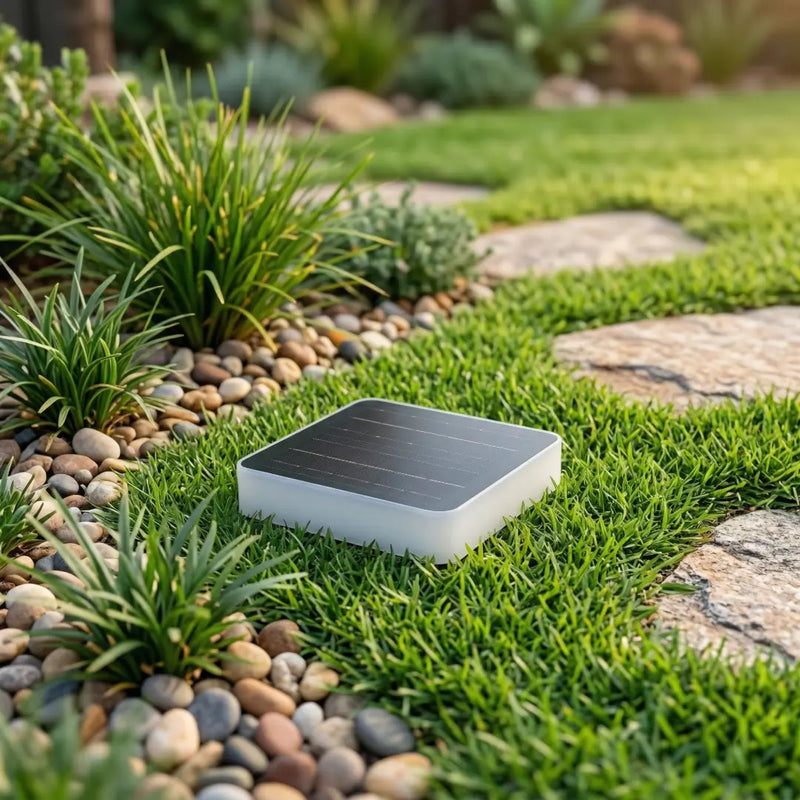 Solar-powered light on grass with garden elements in the background
