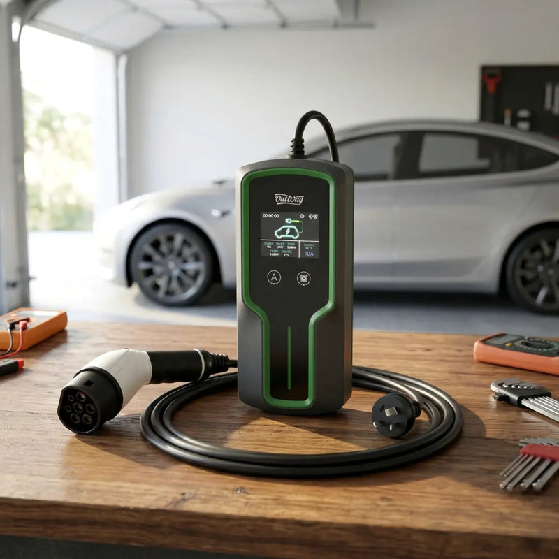 Outway EVP03 Portable EV Charger on wooden workbench with Tesla in background