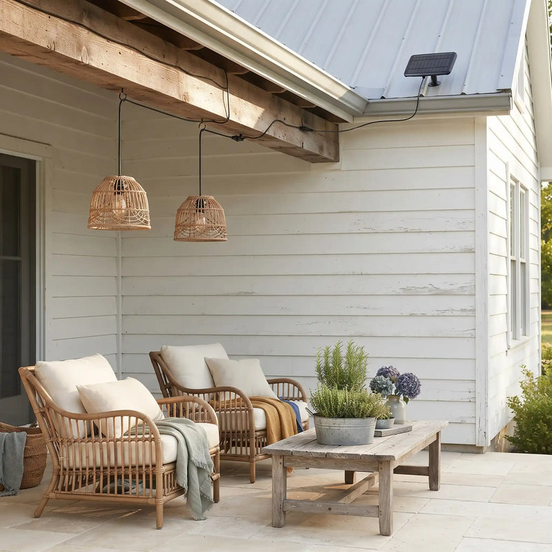 Haiku Kasa Solar Rattan Twin Pendant, Remote
